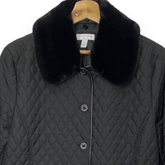 Charter Club Black Quilted Womens Coat Equestrian Lightweight Faux Fur Collar PM - Picture 1 of 16